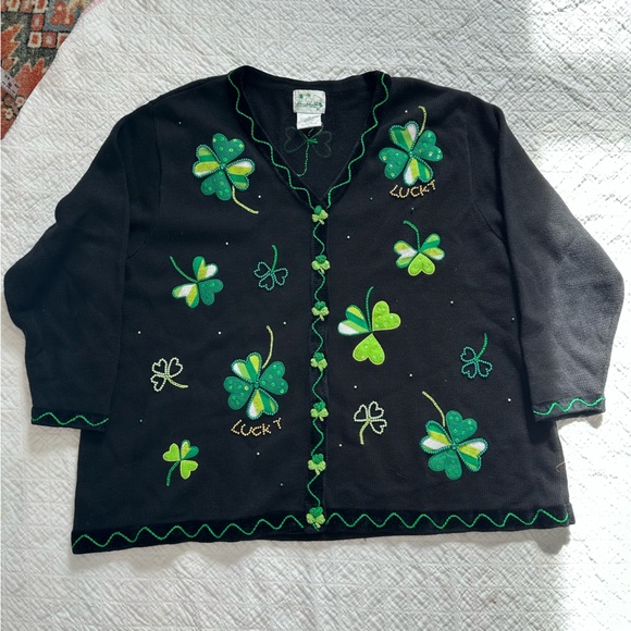 Quacker Factory Sweaters - Vintage Black Knit Cardigan Green Shamrock Clover Embroidery St Patrick’s Day